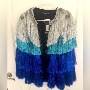 NWT Nasty Gal Metallic Tiered Tinsel Fringe Open Front Jacket (US 2/Small)